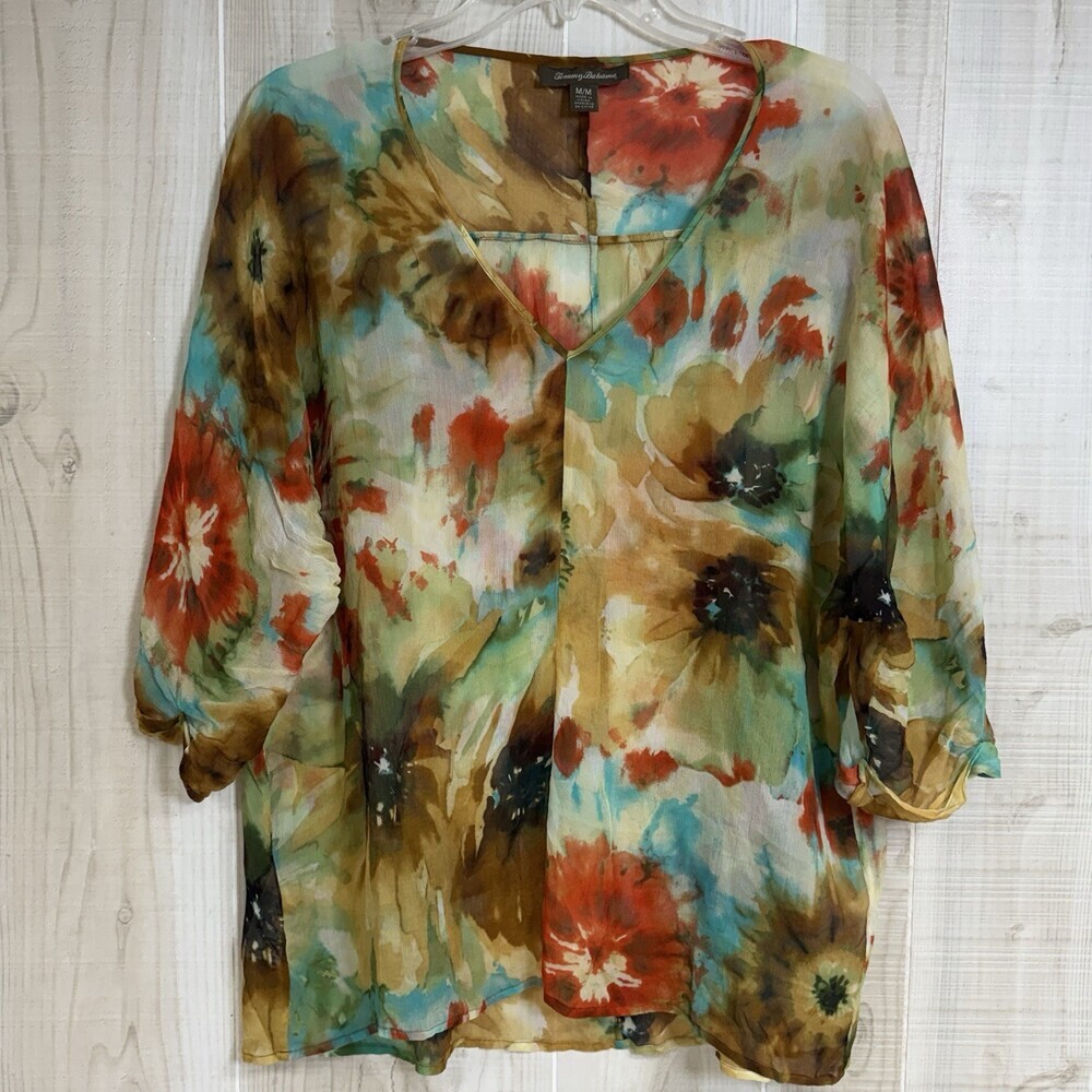 Tommy Bahama M Womens 100% Silk Blouse Chiffon Floral Watercolor Flowy Resort
